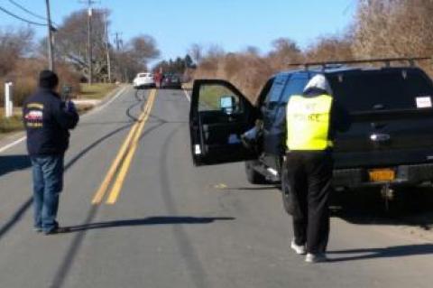 The Montauk Fire Department's fire police personnel have kept a portion of East Lake Drive closed after a machinery accident at the Montauk Lake Club and Marina.