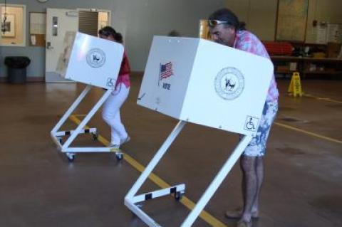 Bruce A.T. Siska and Lara DeSanti-Siska voted Tuesday at the East Hampton Village Emergency Services Building. Mr. Siska's father, Bruce Siska, lost his re-election bid.