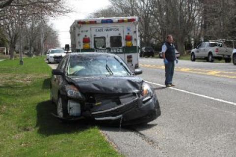 A Nissan Altima suffered front-end damage after an accident in the intersection of Pantigo Road and Pantigo Place in East Hampton Tuesday morning.