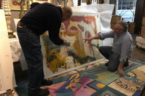 Larry Castagna, left, and David Killen examined one of the large format drawings that was part of a group of six works on paper found in a New Jersey storage locker attributed to Willem de Kooning.