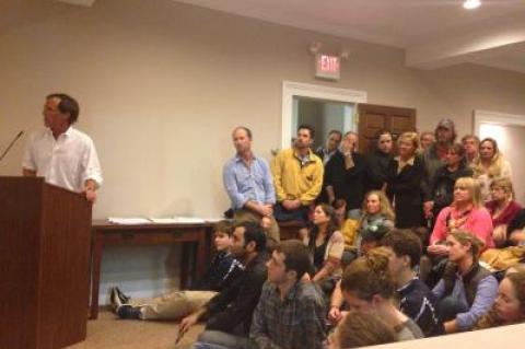 The crowd to support the Breakwater Yacht Club packed the Village Hall meeting room and spilled out into the hallway and down the stairs on