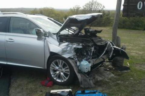 One of the cars involved in the two-car accident at the west overlook in Montauk on Monday afternoon suffered significant front-end damage.