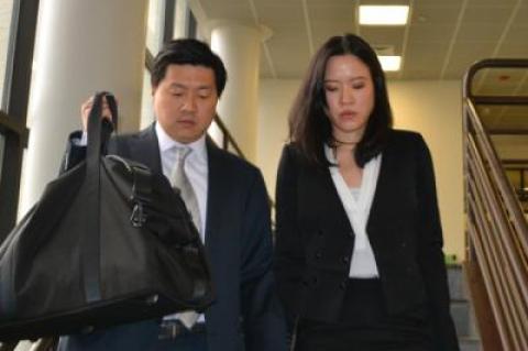 Jason Lee and his wife, Alicia, at the courthouse in Riverside on Tuesday