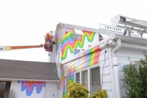 Jen Stark painted the sides of the Surf Lodge in Montauk as part of her installation for Eric Firestone before Memorial Day weekend. The Surf Lodge was accused of violating the East Hampton Town code.