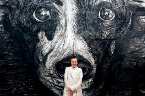 Laurie Anderson was captured at Guild Hall recently in front of her monumental drawing “June 5th,” from her series “Lolabelle in the Bardo.”