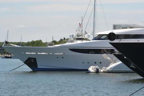 Come July, the yachts line up off Long Wharf in Sag Harbor.