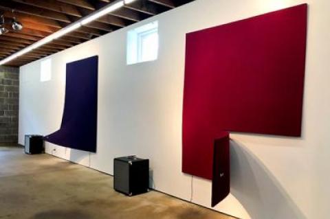 Naama Tsabar’s “Work on Felt (Variation 17) Burgundy,” from 2017, near, and “Work on Felt (Variation 19) Midnight,” from this year, are on view at the Fireplace Project through Sunday.