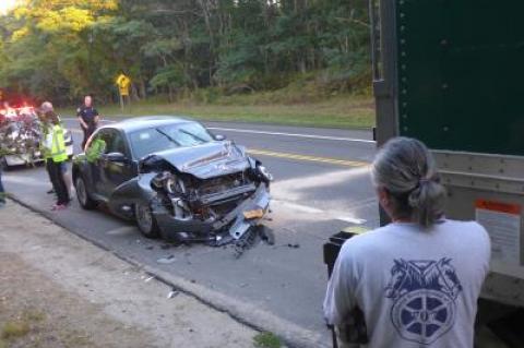 Sun glare may have contributed to an accident on Route 114 in East Hampton Friday evening, in which a Volkswagen Beetle smashed into the back of a tractor-trailer.