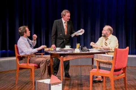 Christian Conn, Daniel Gerroll, and Brian Keane in a scene from “Frost/Nixon” at Bay Street Theater.