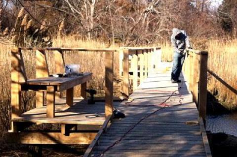 A new bridge at Pussy’s Pond, the culmination of a years-long effort, is near completion. The new bridge will be celebrated at Ashawagh Hall on Jan. 27.