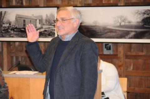 Richard P. Myers, seen here being sworn in as a member of the East Hampton Town Architectural Review Board in January 2016, will run against Peter Van Scoyoc for town supervisor in November.