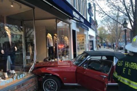 A 1968 Mustang smashed into the Henry Lehr store in Sag Harbor Thursday evening.