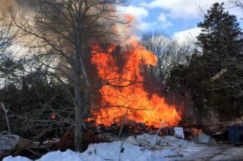 An explosion at a house at 21 Old Country Road in Water Mill left two seriously injured on Feb. 11, 2015.