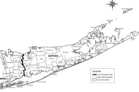 A possible dividing line for a new area code in Suffolk would be along the western borders of Smithtown, Central Islip, and Islip.