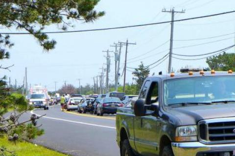 Traffic was backed up headed east after an accident in front of the Lobster Roll restaurant that left a bicyclist with serious injuries on Sunday.