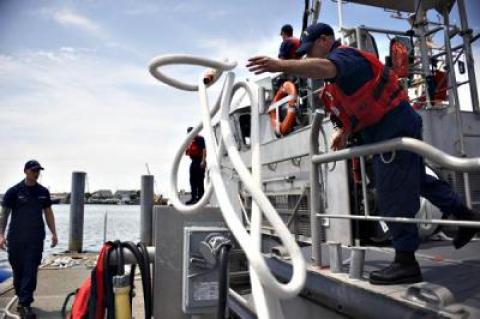 A Coast Guard Station Montauk crew, similar to the one seen here in July of 2013, is assisting in the search for a crewmember who went missing from the Miss Shauna on Monday.