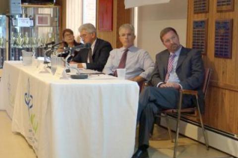 The panel included, from left, Southampton Town Supervisor Anna Throne-Holst, East Hampton Town Supervisor Larry Cantwell, County Executive Steve Bellone, and Jeremy Samuelson, the executive director of C.C.O.M.