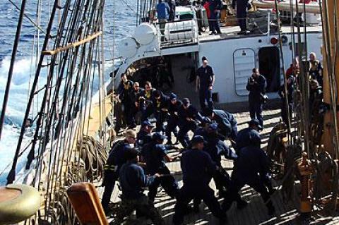 United States Coast Guard Barque Eagle heeled on a starboard tack