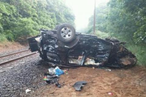 A Toyota RAV4 left on the tracks was destroyed when it was hit by a train Tuesday morning.