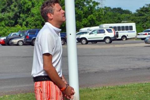 Jason Monet outside East Hampton Town Justice Court on Sunday, where he was arraigned on a drunken-driving charge following a Saturday-night accident that sent a Montauk motorcyclist to the hospital with severe injuries.