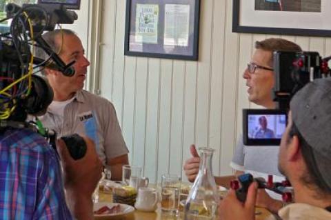 Jerry Seinfeld, left, and Spike Feresten filmed in Babette's in East Hampton on Monday morning.