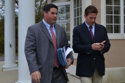 Thomas Ravenel, right, leaving East Hampton Town Justice Court Thursday with his attorney Trevor Darrell