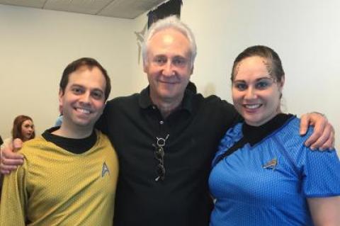 The writer, pictured at right dressed as a "trill" from Star Trek, and her boyfriend, Michael Gutman, left, paid $60 for a signed portrait and photograph with Brent Spiner, center, the actor who played "Lieutenant Commander Data" on Star Trek: The Next Generation.