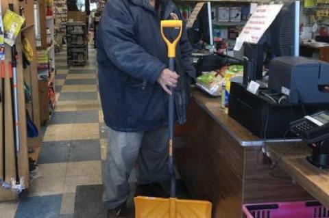 Rich Riccio at Becker's Home Center in Montauk, which was well stocked with snow shovels, firewood, and other supplies.