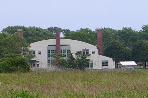 A portion of the director Steven Spielberg’s Georgica Pond-front property, where a garage has come under officials' scrutiny in East Hampton Village.