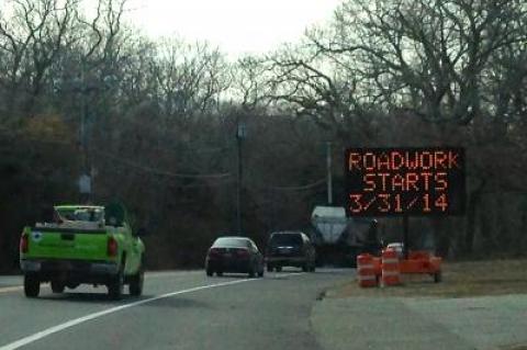 A sign on Montauk Highway near Green Hollow Road in East Hampton has been updated to indicate the new start date of roadwork on the route from Stephen Hand's Path to County Road 39.