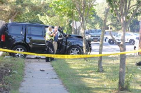 A sport utility vehicle struck a utility pole near Bistrian's Gravel in East Hampton late Tuesday afternoon.