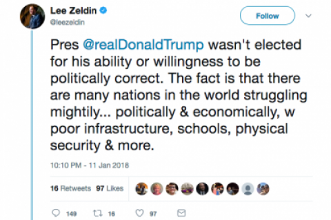 One of four tweets Representative Lee Zeldin issued on Thursday in defense of President Trump's vulgar remarks on immigration.