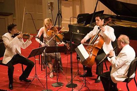 Stefan Jackiw, violin, Cynthia Phelps, viola, Michael Nicholas, cello, and John Snow, oboe, performed Mozart’s Oboe Quartet at the Bridgehampton Chamber Music Festival last Thursday.