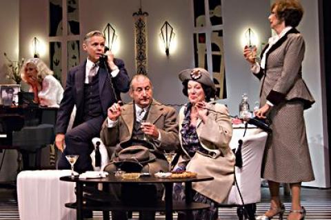 Blythe Danner, Tuck Milligan, Gerard Doyle, Kate Mueth, and Delphi Harrington, as seen in “Hands Across the Sea,” the first of three Noel Coward one-acts playing nightly Guild Hall’s John Drew Theater.