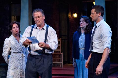 As directed by Stephen Hamilton, the cast of “All My Sons‚” at Guild Hall, from left, Laurie Metcalf, Alec Baldwin, Cailin McGee, and Ryan Eggold, provides a flawlessly acted production.