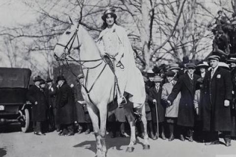 Inez Milholland Boissevain preparing to lead the March 3, 1913, women’s suffrage parade in Washington, D.C.