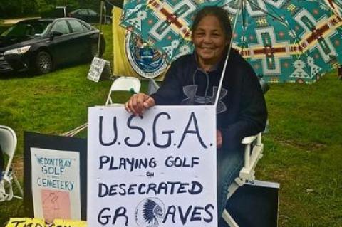 Rain or shine, Rebecca Genia reminded golf fans of local history during the U.S. Open at Shinnecock Hills.