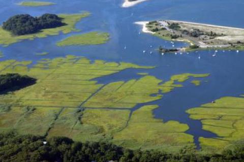 The Y-shaped entrance channel to Accabonac Creek in Springs was the result of a 1959 dredging project's unplanned diversion.